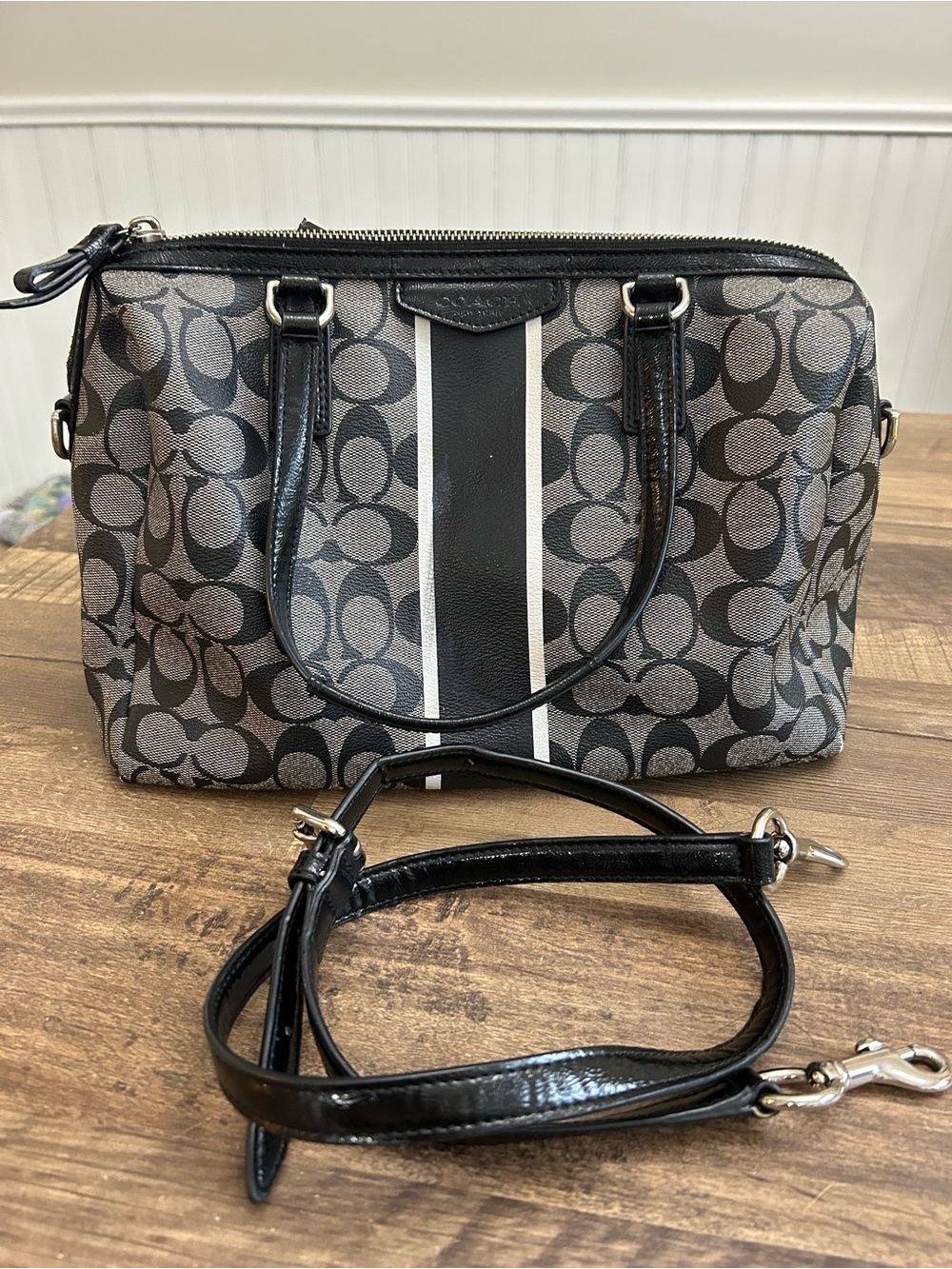 Coach Signature Stripe Nancy Satchel Bag Black Grey F30662 Crossbody